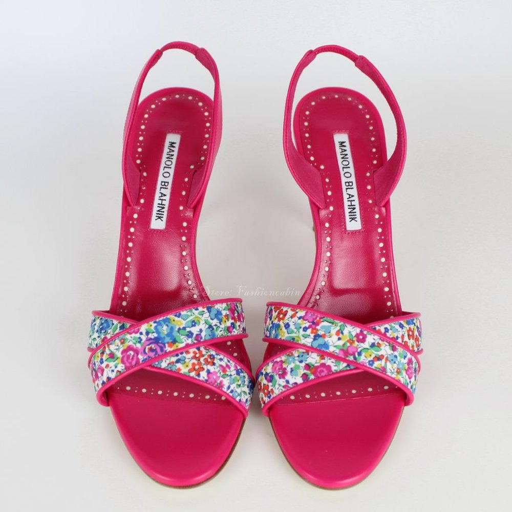 NEW MANOLO BLAHNIK Floral Leather Slingback Sandals - Work to Dinner Summer Heel - Picture 6 of 13